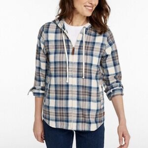 LL Bean Blue Ivory Scotch Plaid Zip Up Flannel Hoodie Pockets Shirt XL PETITE